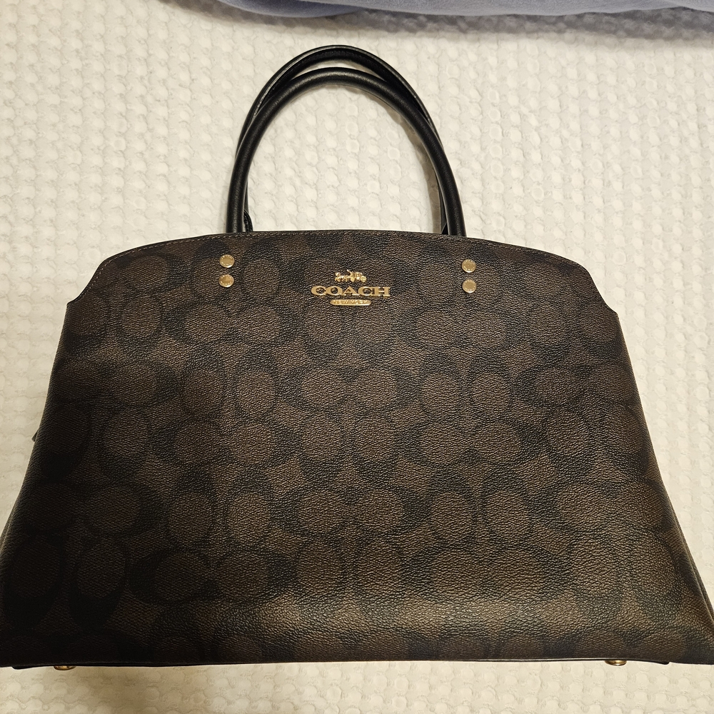 Coach Brown Signature Tote with Black Handles and Gold Hardware